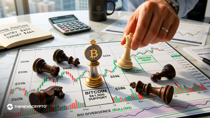 <strong>Bitcoin price is holding near $61K.</strong>
<strong>The downtrend is taking over the macro trend.</strong>
Bitcoin is holding onto its bullish divergence despite a recent minor market correction, signalling that the broader upward trend is likely to continue. While there is a simultaneous potential for a bearish divergence to emerge, which forms part of a market reversal, the existing bullish structure remains valid and active.
Currently, the largest asset is trading within the $61,930 range, following a minor 1.24% loss in value. Despite this slight dip, the immediate market impact is a state of cautious <a href="https://x.com/CryptoMichNL/status/2074958702600175659?s=20">consolidation</a> rather than panic selling. Notably, the key line in the sand for buyers is $61,000.
As long as Bitcoin maintains its footing above this critical baseline, the upward momentum remains intact, keeping the doors wide open for the market to test higher price targets. Also, traders are treating this zone as a foundational support level to preserve the macro recovery.
The asset’s lowest and highest <a href="https://coinmarketcap.com/currencies/bitcoin/">trading</a> ranges are observed between $61,492 and $62,885, respectively. Consequently, the daily trading volume has decreased by 17.04%, reaching the $26.06 billion mark. The market has experienced a 24-hour <a href="https://www.coinglass.com/liquidations">liquidation</a> of $72.66 million worth of Bitcoin.
Will Bitcoin Fall into Deeper Lows or Rebound?
Upon the red candles on the chart light up bright, the price might retrace to a crucial <a href="https://thenewscrypto.com/bitcoin-btc-tests-a-critical-zone-will-buyers-target-64k-or-lose-ground-to-60k/">support</a> range at $$61,812. Assuming the sellers continue to rule the Bitcoin market, it would apply additional pressure on the downside, triggering the death cross to emerge, leading to a slip below $61.7K.
On the other hand, if the current market trend takes a bullish turn, the <a href="https://thenewscrypto.com/bitcoin-btc-caught-in-a-tight-range-will-58k-support-or-61k-resistance-give-way-first/">Bitcoin price</a> could rise to find the key resistance level at around $62K. With the upside pressure gaining more traction, the bulls could initiate the golden cross to take place and would climb high to retest the $62,199 zone.
Bitcoin’s market is in a state of transition and conflict, where the long-term trend has turned bearish. The Moving Average Convergence Divergence (MACD) line is below zero, and the faster moving averages have crossed negative, signalling that downward momentum is taking over the macro trend.
Also, the signal line above zero smoothed the average of the MACD; it lags and is still clinging to the old bullish territory. This is a bearish setup. It shows that a recent, aggressive price drop has broken the back of the previous uptrend. Momentum has officially shifted to the sellers.
<em>(Source: <a href="https://in.tradingview.com/chart/AHwivr5C/?symbol=BINANCE%3ABTCUSDT">TradingView</a>)</em>
Furthermore, the daily Relative Strength Index (RSI) resting at 48.95 hints that the BTC market is in a neutral position, leaning micro-bearish. The 50 mark is the absolute centre of the scale, and now it is trading sideways, with the bears having an unnoticeable edge.
There is no clear trend here. The asset is neither overbought nor oversold, and the market is in equilibrium, consolidating, and waiting for a volume spike or a catalyst to force a definitive breakout or breakdown.
<strong>Crypto Market Highlights</strong>
<a href="https://thenewscrypto.com/solana-sol-hits-a-key-decision-zone-can-buyers-reverse-the-5-slide/">Solana (SOL) Hits a Key Decision Zone: Can Buyers Reverse the 5% Slide?</a>
